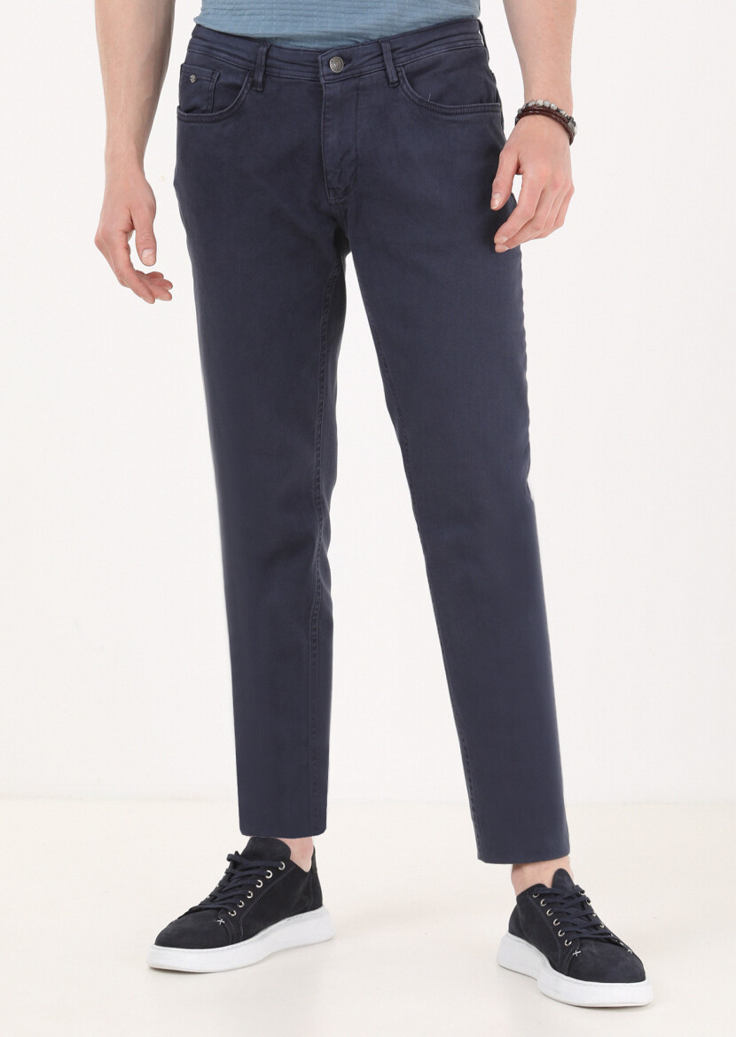 Lacivert Düz Dokuma Slim Fit Casual Pamuk Karışımlı Pantolon 