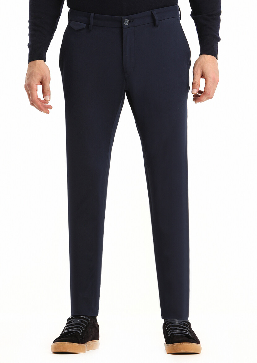 Lacivert Düz Dokuma Slim Fit Casual Pamuk Karışımlı Pantolon - 1