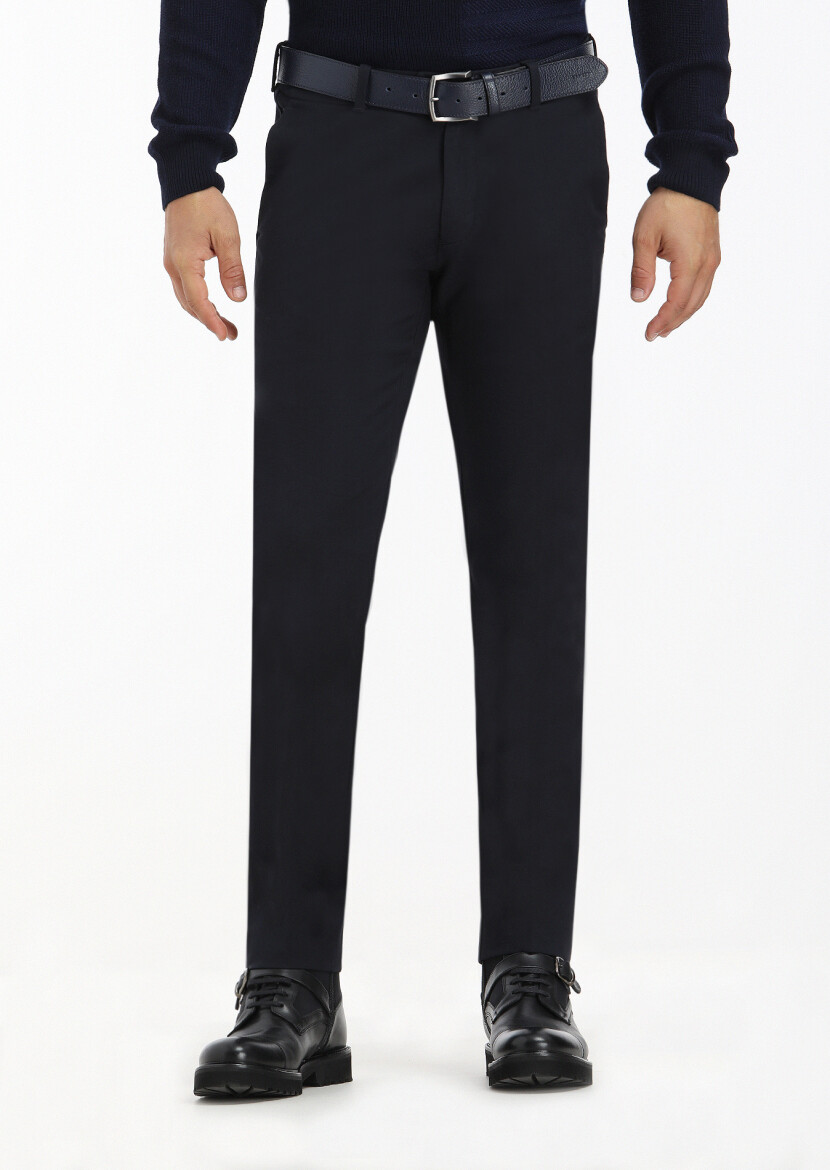 Lacivert Düz Dokuma Slim Fit Casual Pamuk Karışımlı Pantolon - 1