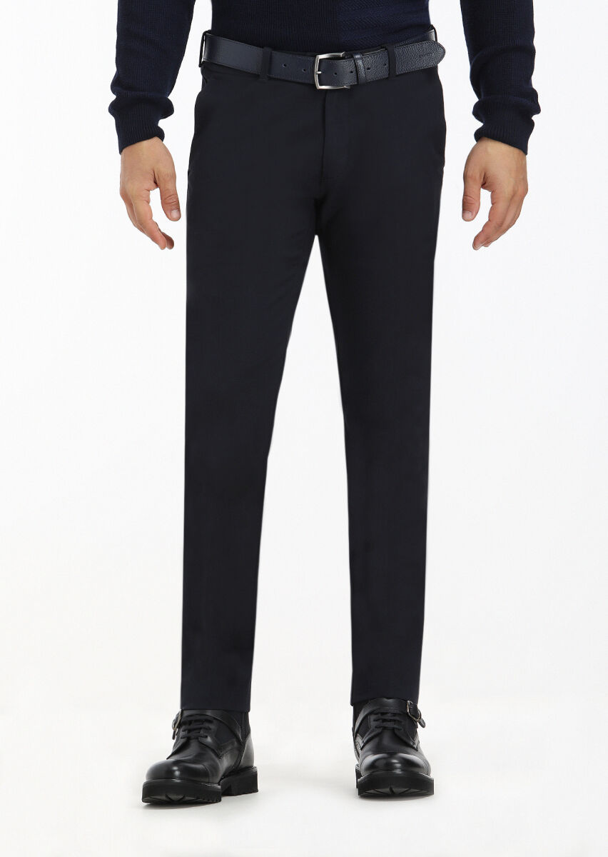 Lacivert Düz Dokuma Slim Fit Casual Pamuk Karışımlı Pantolon - 1
