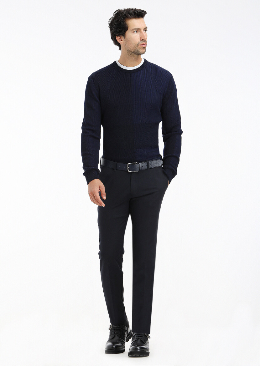 Lacivert Düz Dokuma Slim Fit Casual Pamuk Karışımlı Pantolon - 2