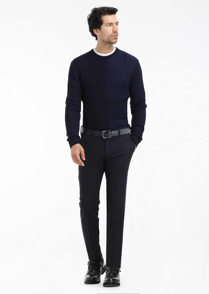 Lacivert Düz Dokuma Slim Fit Casual Pamuk Karışımlı Pantolon - 2