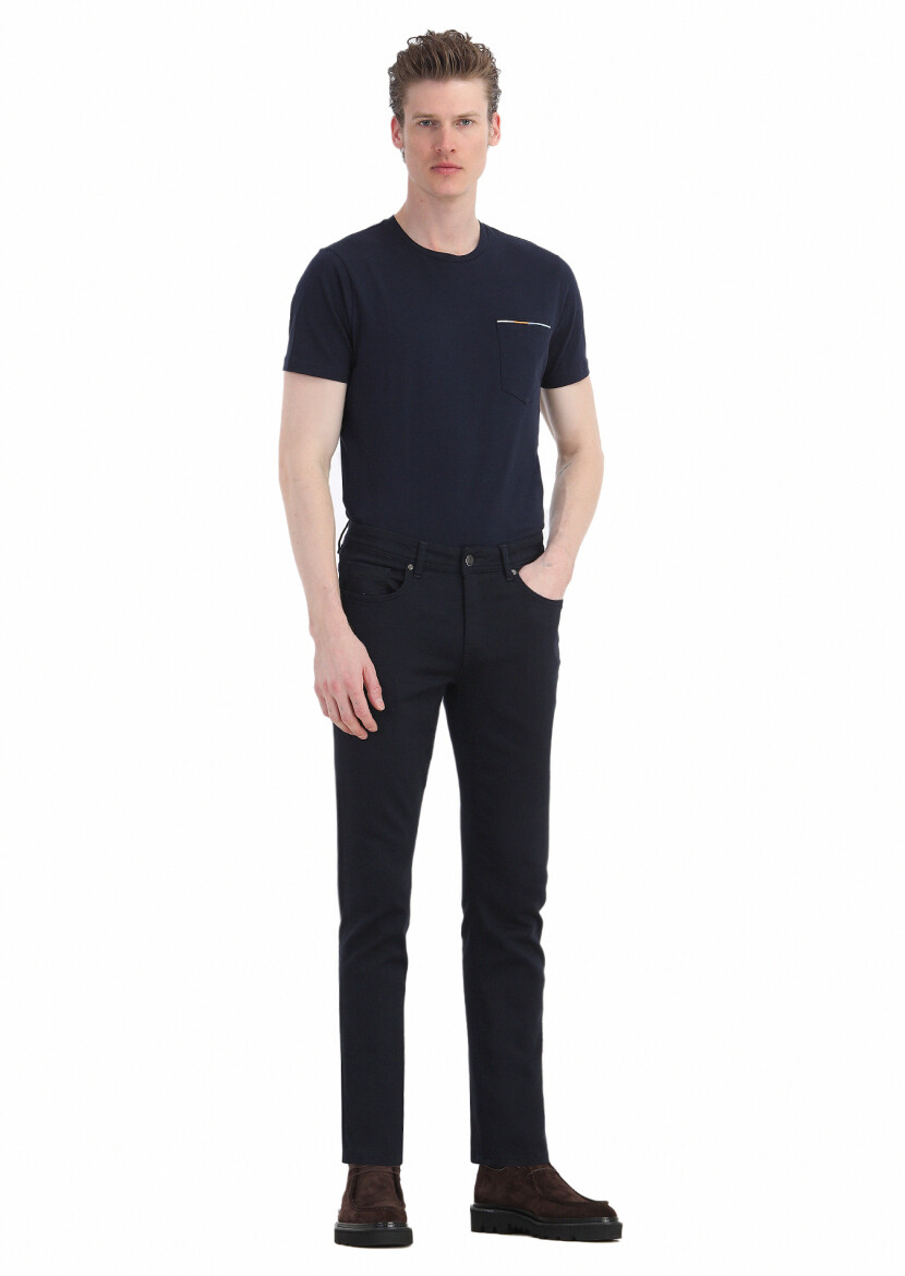 Lacivert Düz Dokuma Slim Fit Casual Pamuk Karışımlı Pantolon - 2