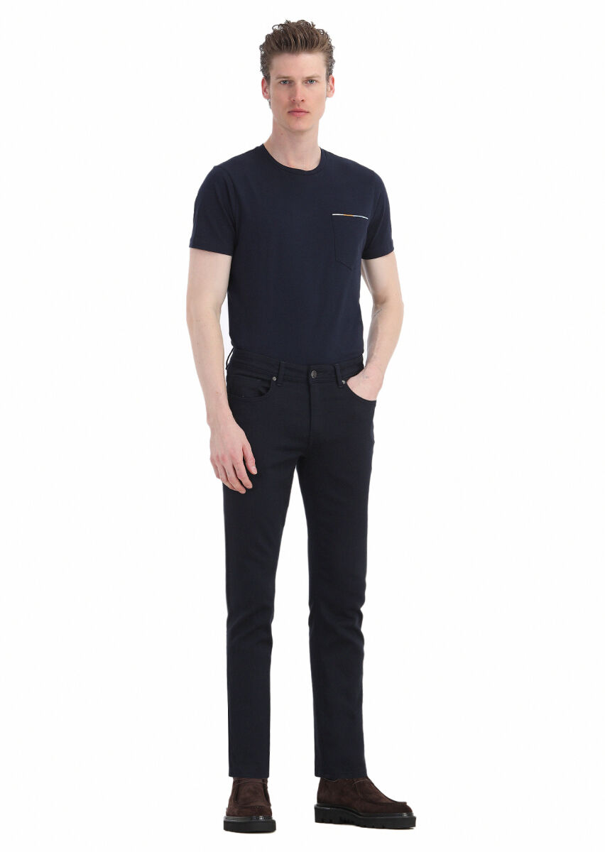 Lacivert Düz Dokuma Slim Fit Casual Pamuk Karışımlı Pantolon - 2