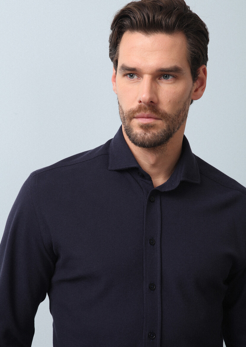 Lacivert Düz Fitted Fit Casual %100 Pamuk Gömlek 