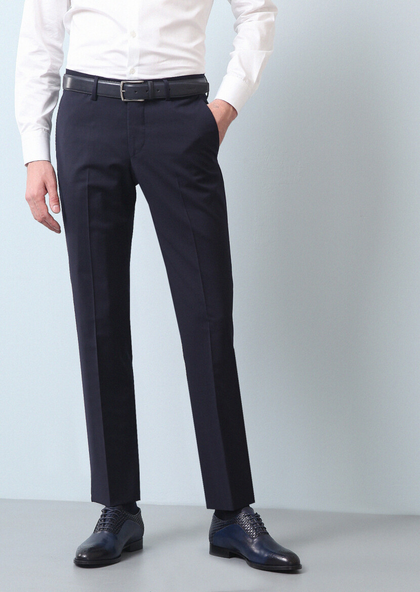 Lacivert Düz Kumaş Modern Fit Klasik %100 Yün Pantolon 