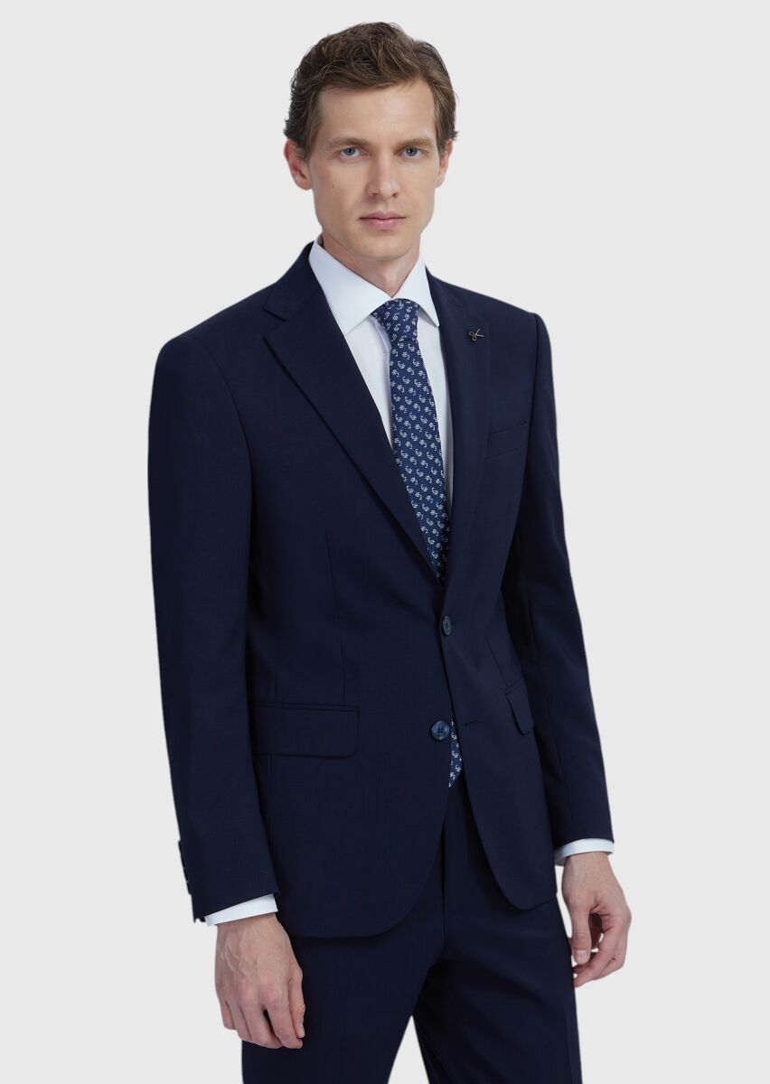 Lacivert Düz Modern Fit Yün Karışımlı Takım Elbise - 1