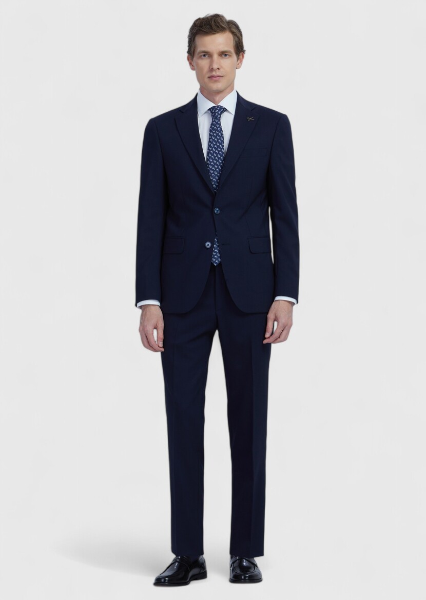 Lacivert Düz Modern Fit Yün Karışımlı Takım Elbise - 2