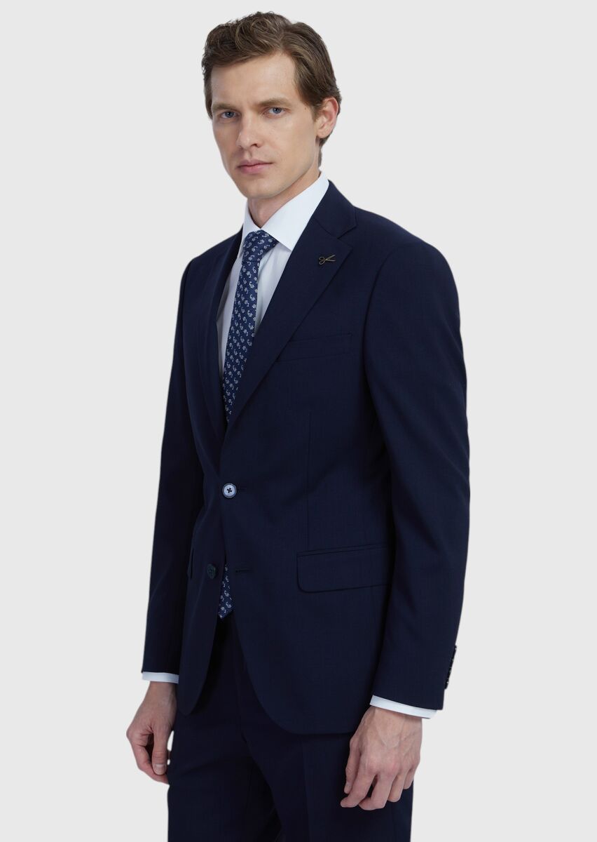 Lacivert Düz Modern Fit Yün Karışımlı Takım Elbise - 3