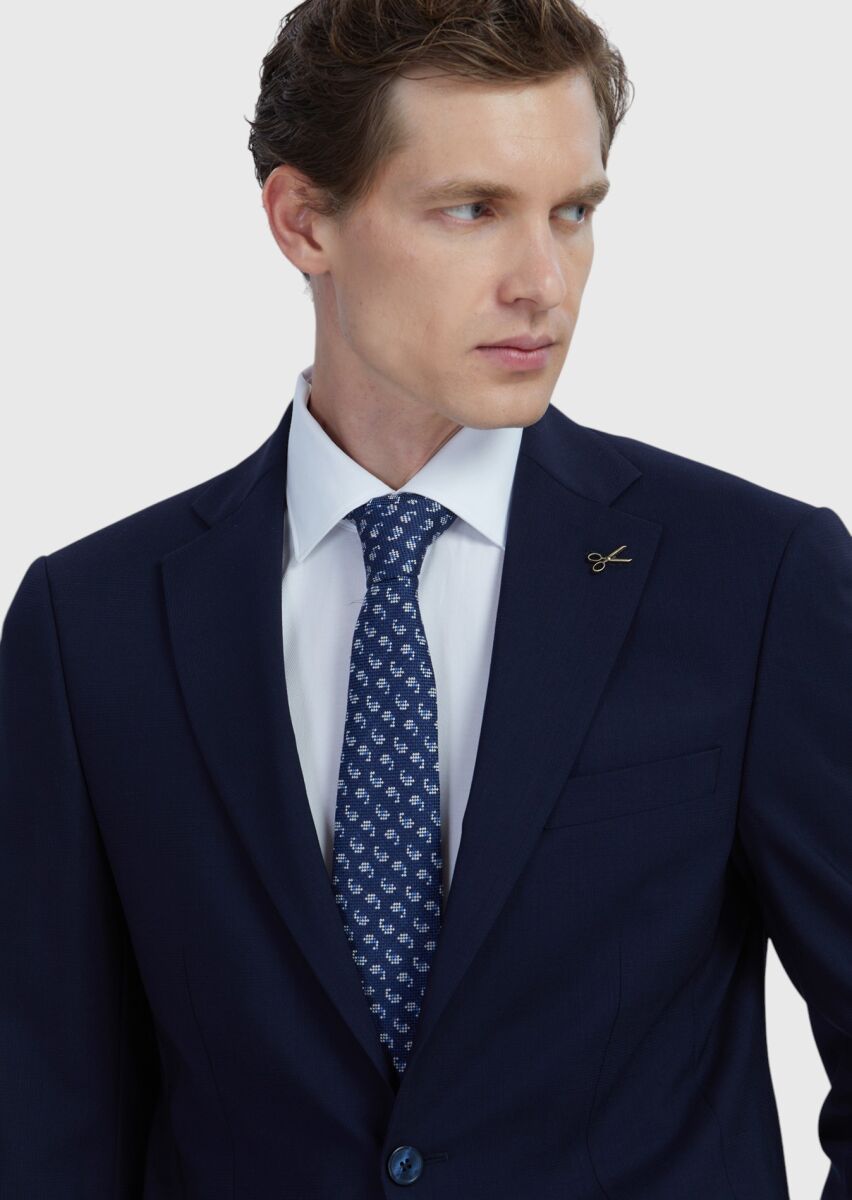 Lacivert Düz Modern Fit Yün Karışımlı Takım Elbise - 4