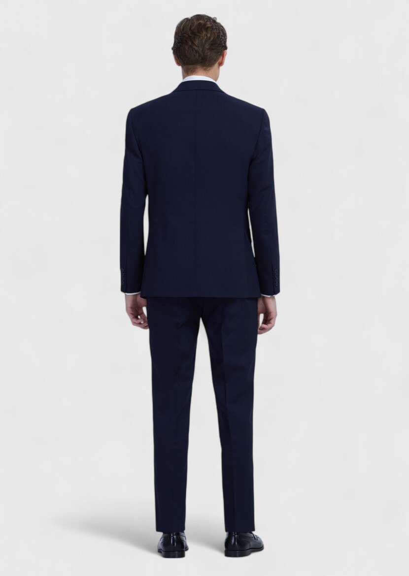 Lacivert Düz Modern Fit Yün Karışımlı Takım Elbise - 7