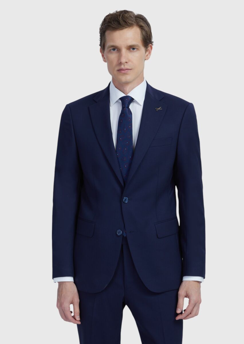 Lacivert Düz Modern Fit Yün Karışımlı Takım Elbise - 1