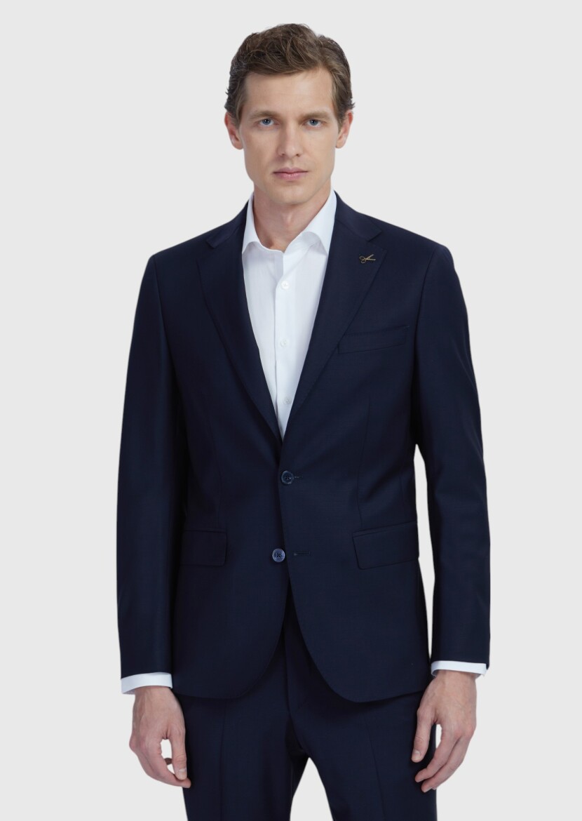 Lacivert Düz Modern Fit Yün Karışımlı Takım Elbise - 1