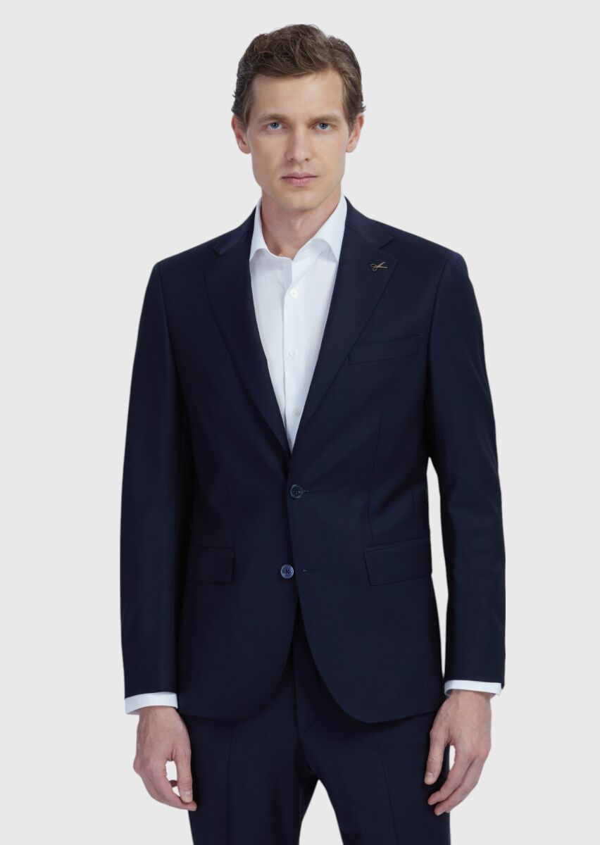 Lacivert Düz Modern Fit Yün Karışımlı Takım Elbise - 1