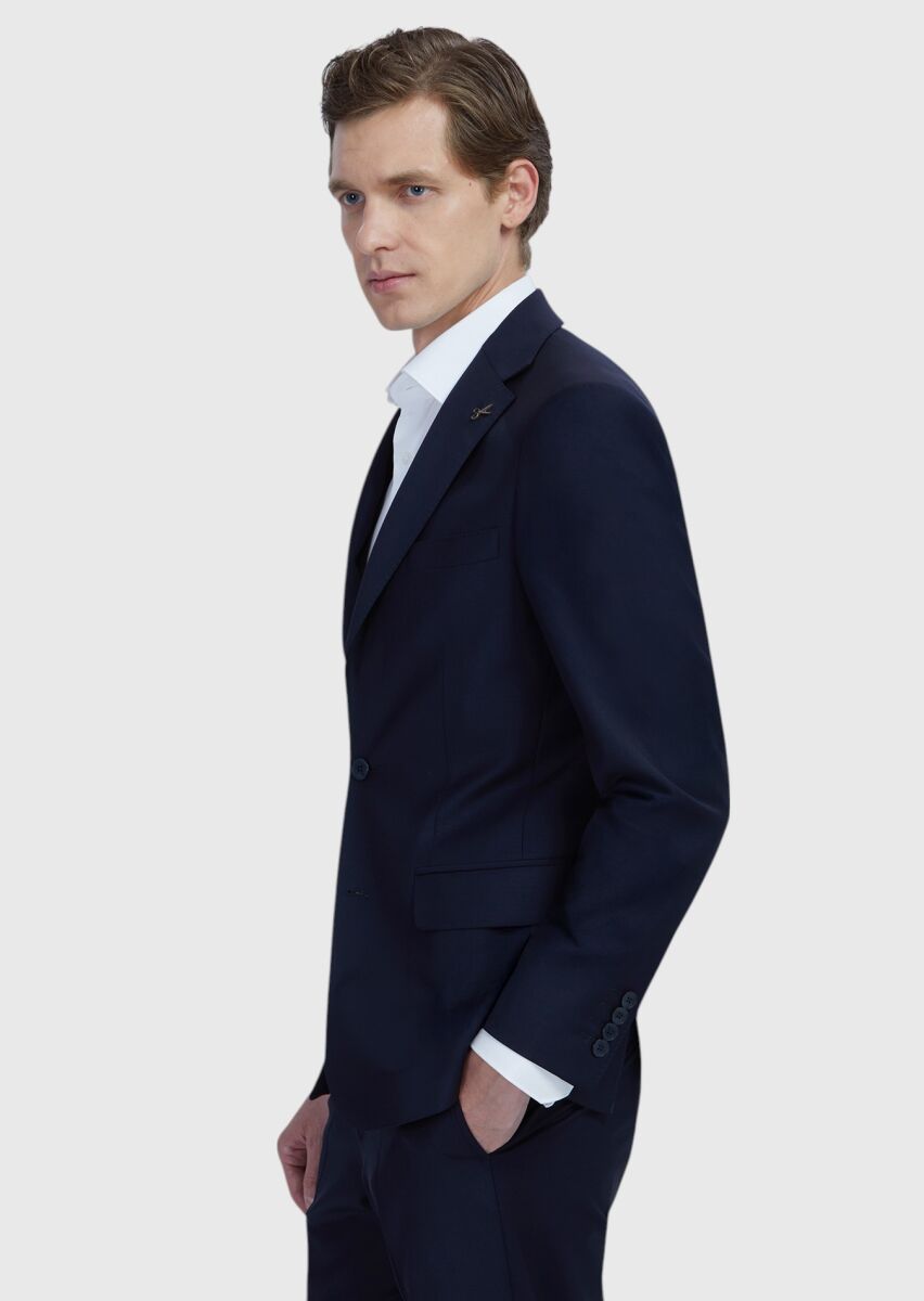 Lacivert Düz Modern Fit Yün Karışımlı Takım Elbise - 3