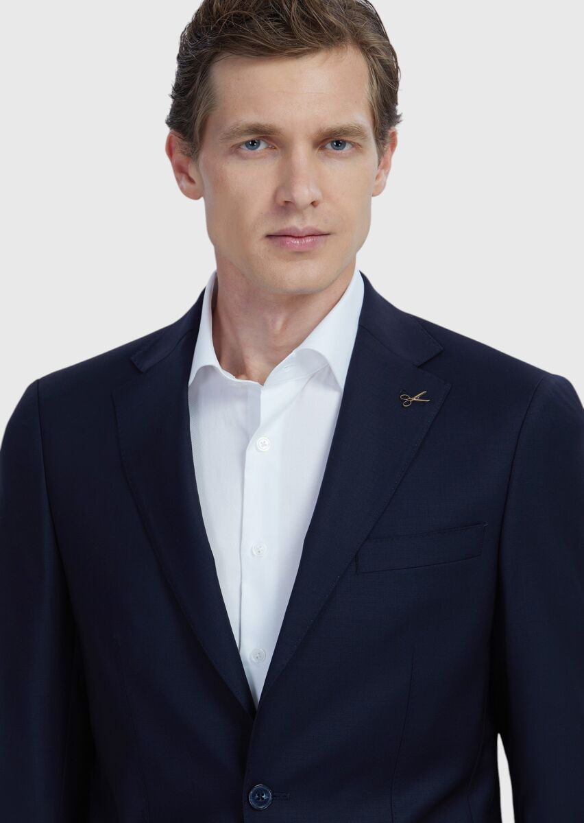 Lacivert Düz Modern Fit Yün Karışımlı Takım Elbise - 4