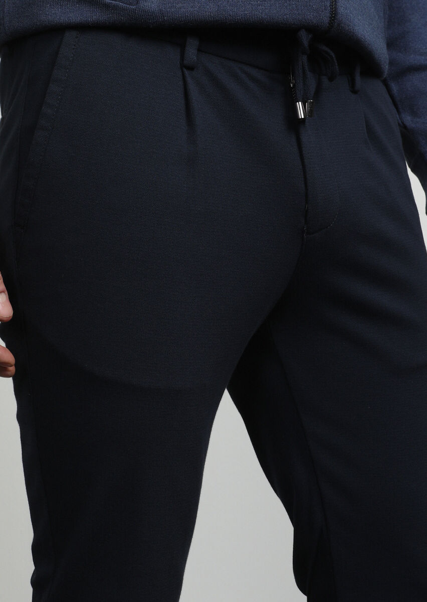 Lacivert Düz Örme Jogging Fit Casual Pamuk Karışımlı Pantolon - 2