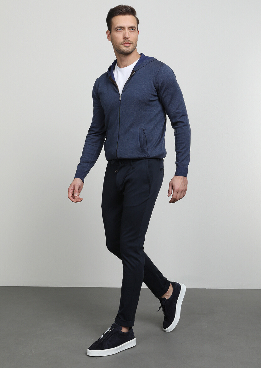 Lacivert Düz Örme Jogging Fit Casual Pamuk Karışımlı Pantolon - 3