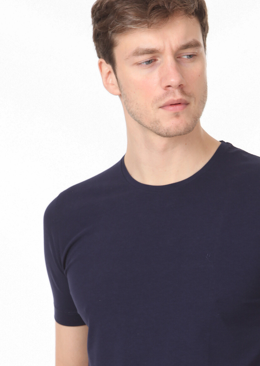 Lacivert Düz Pamuk Karışımlı T-Shirt 