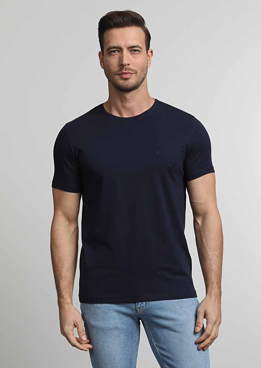 Lacivert Düz Pamuk Karışımlı T-Shirt - 3