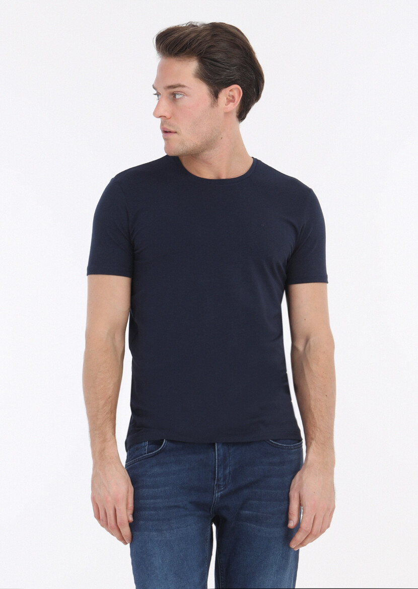 Lacivert Düz Pamuk Karışımlı T-Shirt 