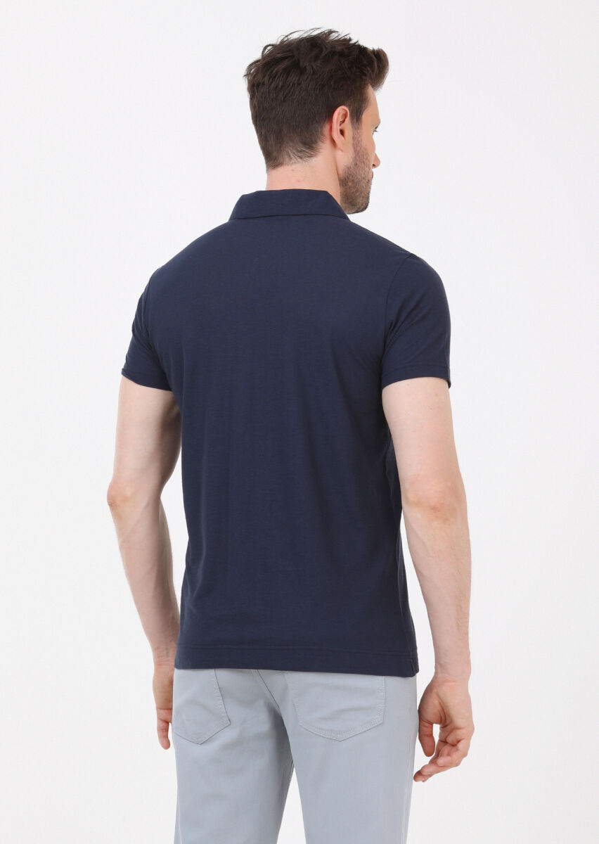 Lacivert Düz Polo Yaka %100 Pamuk T-Shirt - 4