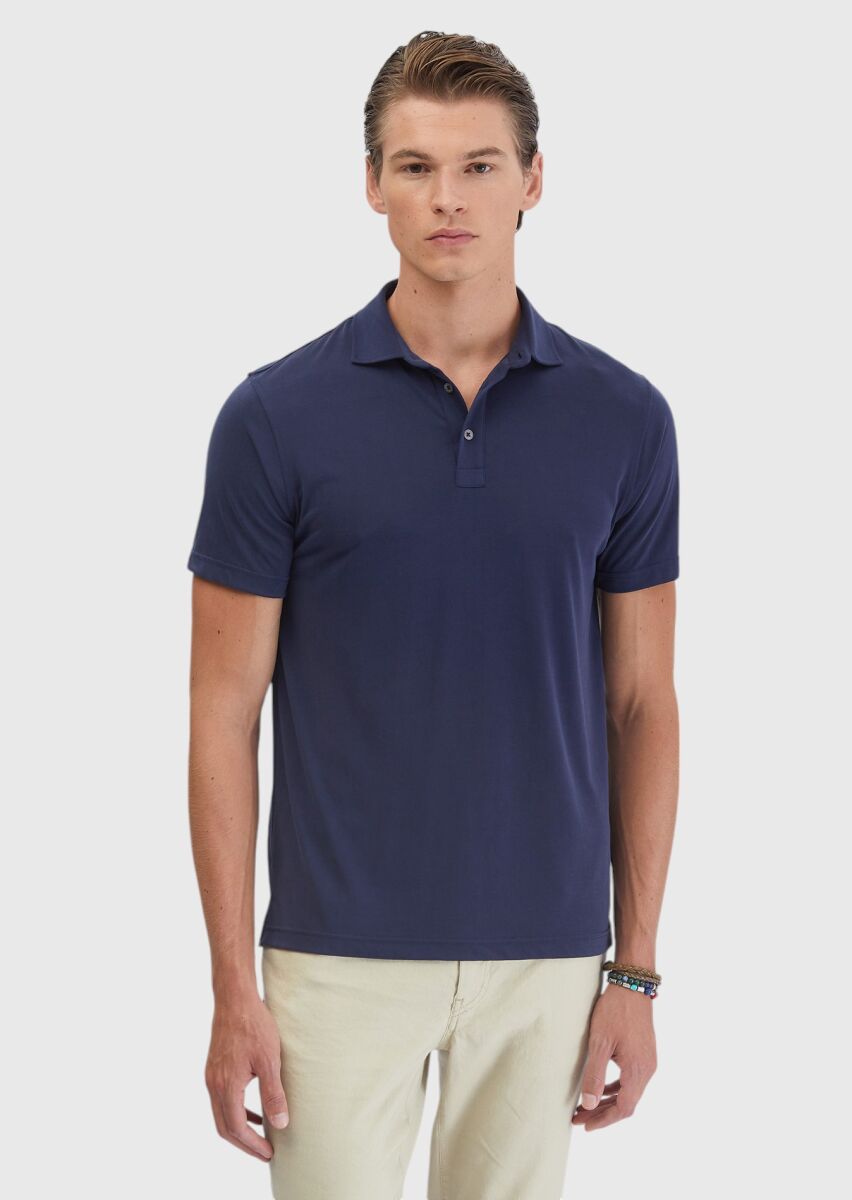 Lacivert Düz Polo Yaka T-Shirt - 1