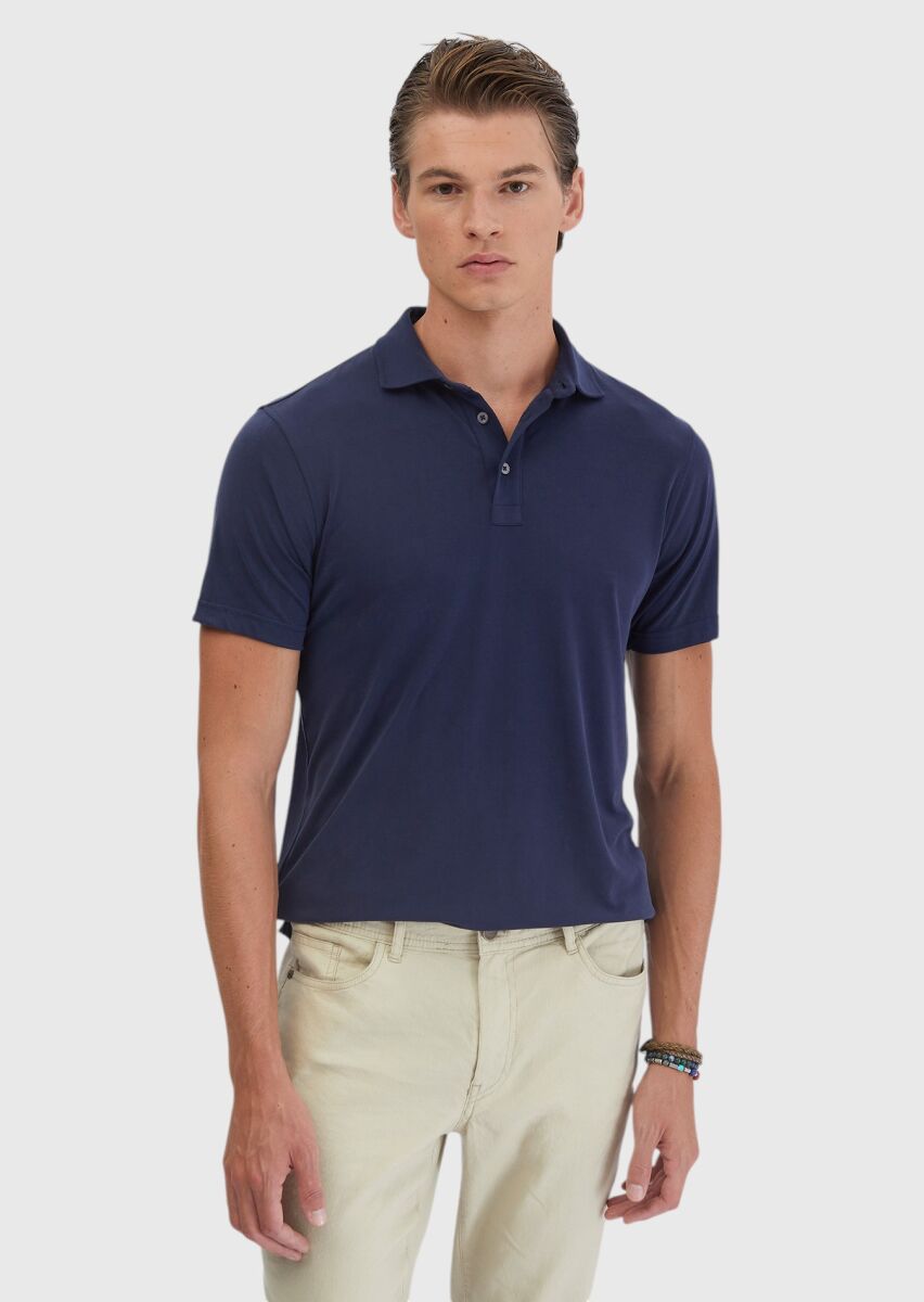 Lacivert Düz Polo Yaka T-Shirt - 2