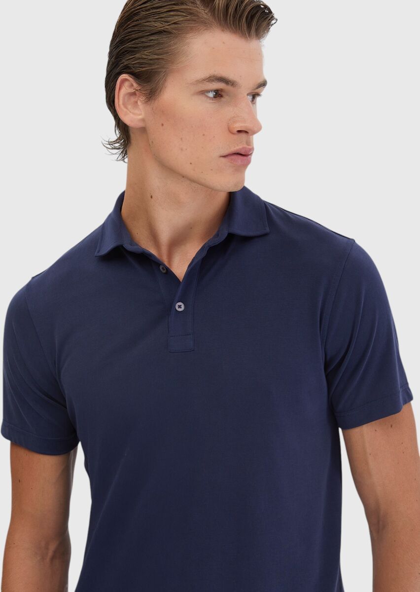 Lacivert Düz Polo Yaka T-Shirt - 4