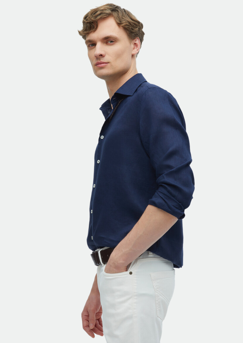 Lacivert Düz Regular Fit Dokuma Casual %100 Keten Gömlek 