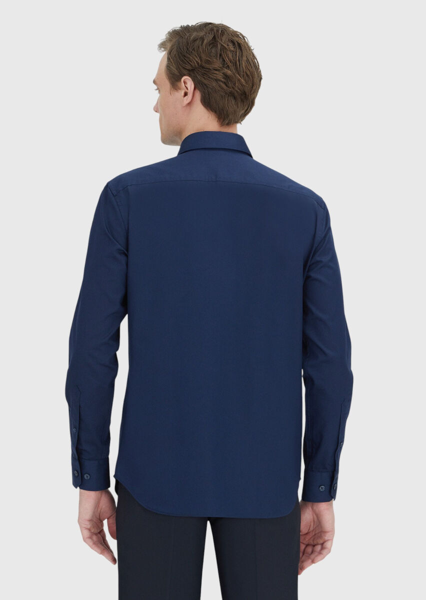 Lacivert Düz Regular Fit Dokuma Klasik %100 Pamuk Gömlek - 4