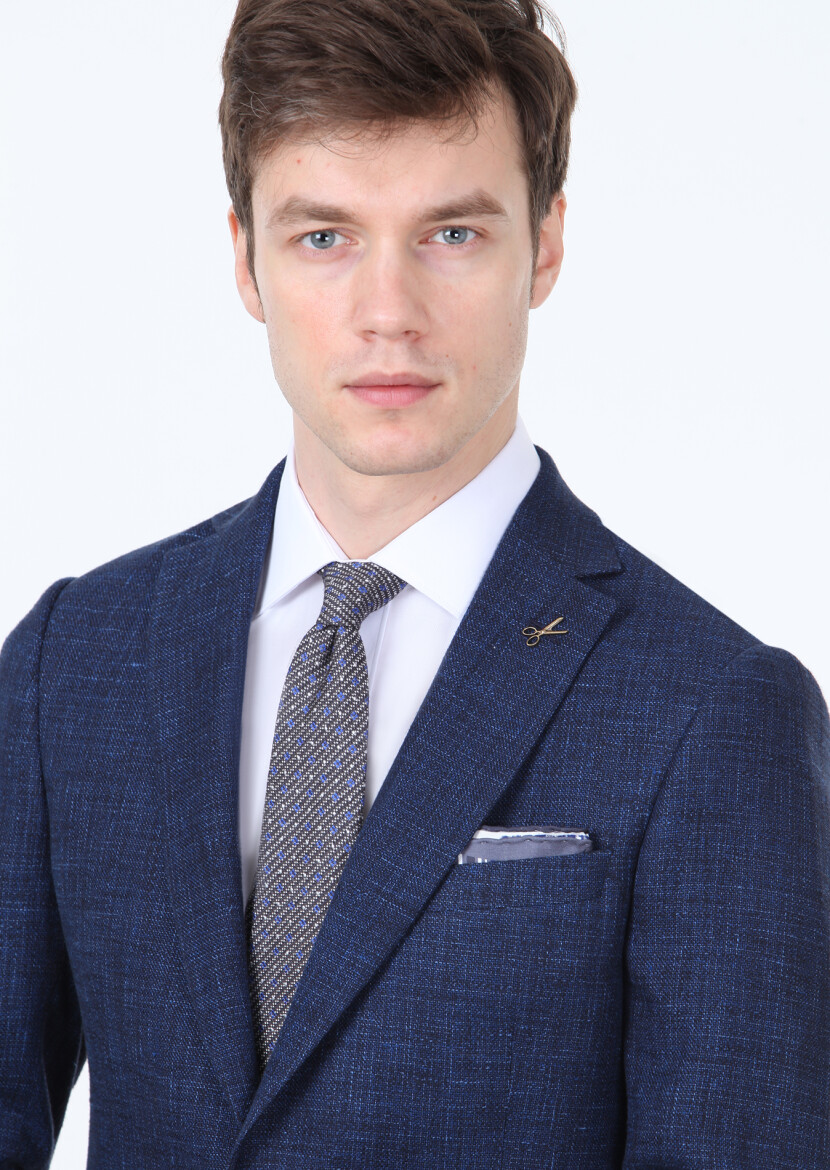 Lacivert Düz Regular Fit Yün Karışımlı Ceket - 1