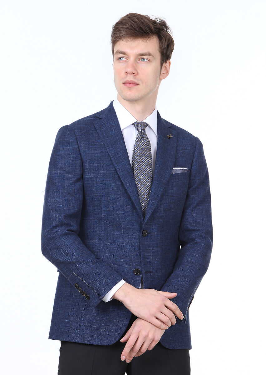 Lacivert Düz Regular Fit Yün Karışımlı Ceket - 2