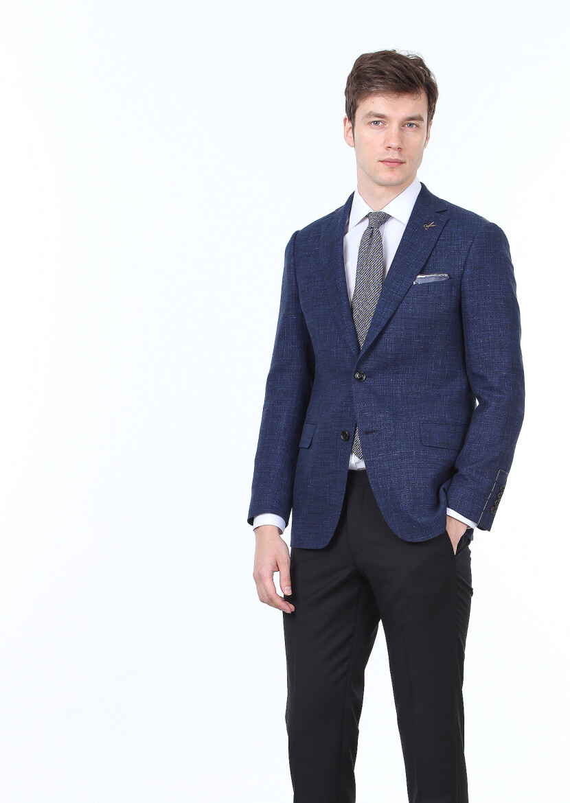 Lacivert Düz Regular Fit Yün Karışımlı Ceket - 3