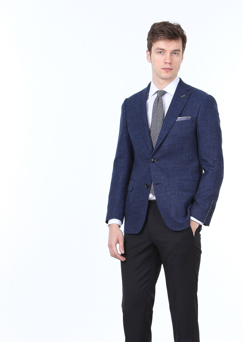 Lacivert Düz Regular Fit Yün Karışımlı Ceket - 3