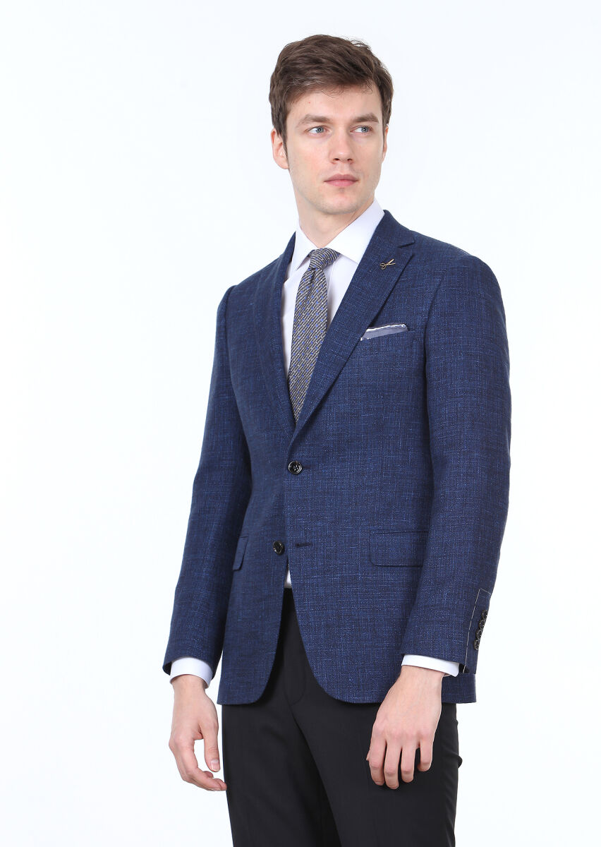 Lacivert Düz Regular Fit Yün Karışımlı Ceket - 4