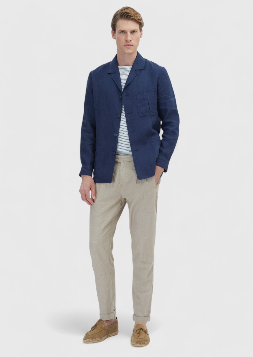 Lacivert Düz Shirt Shoulder Slim Fit Pamuk Karışımlı Ceket - RAMSEY