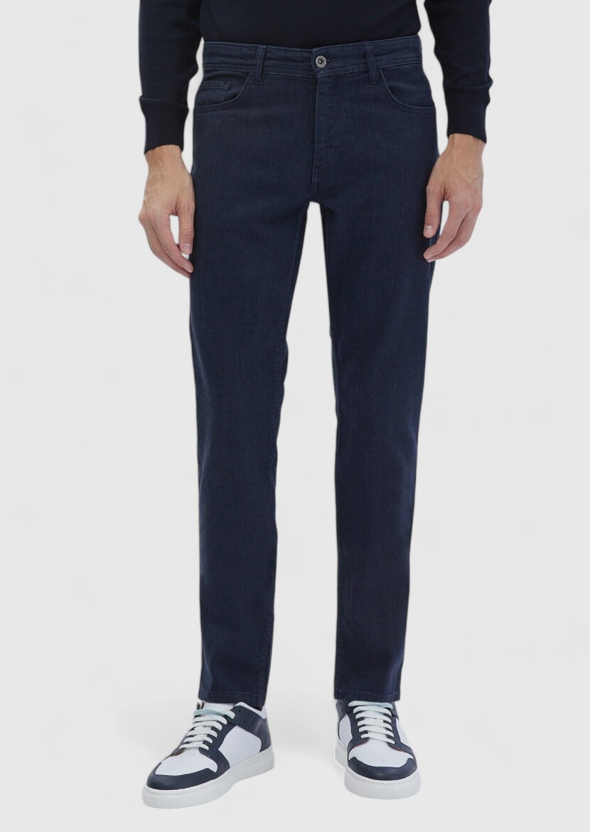 Lacivert Düz Slim Fit Denim Pamuk Karışımlı Pantolon 