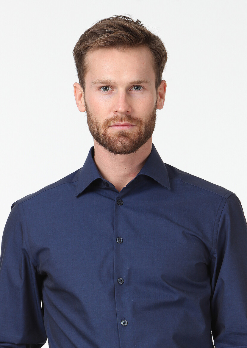 Lacivert Düz Slim Fit Dokuma Klasik Pamuk Karışımlı Gömlek - 3