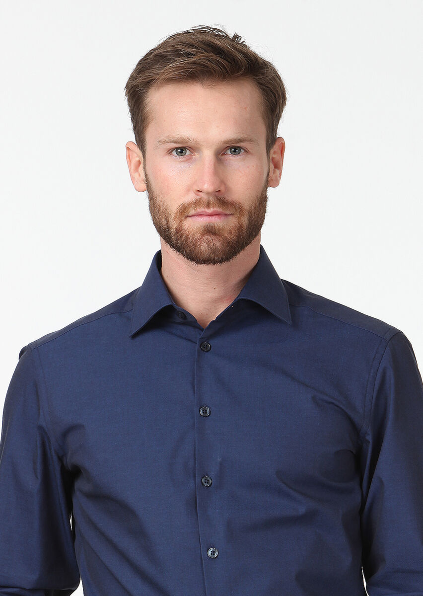 Lacivert Düz Slim Fit Dokuma Klasik Pamuk Karışımlı Gömlek - 3
