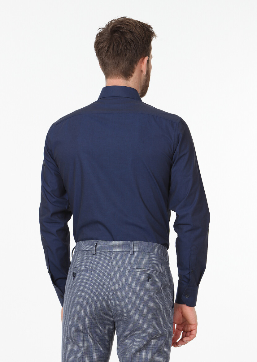 Lacivert Düz Slim Fit Dokuma Klasik Pamuk Karışımlı Gömlek - 4