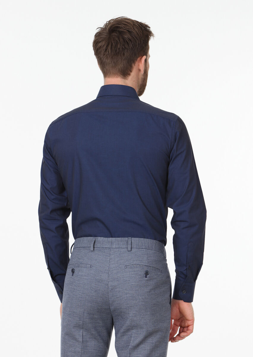 Lacivert Düz Slim Fit Dokuma Klasik Pamuk Karışımlı Gömlek - 4