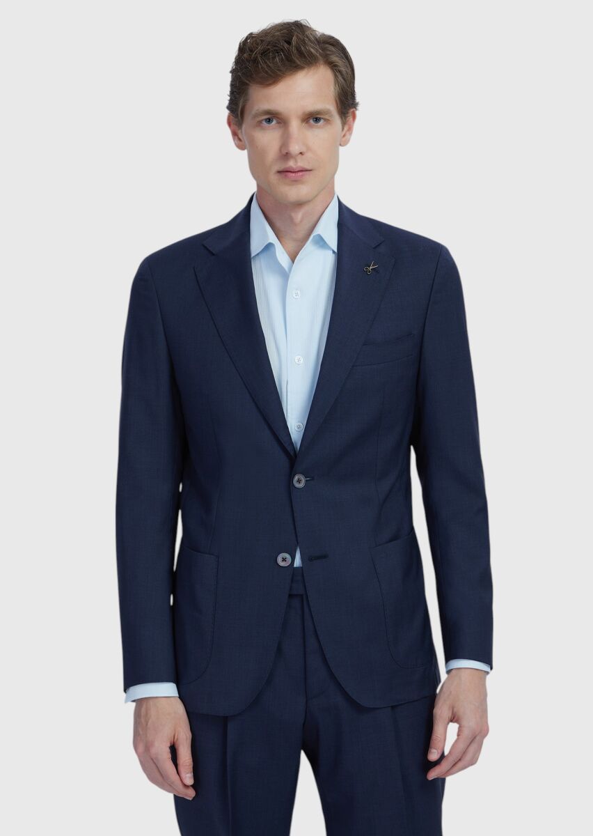 Lacivert Düz Zeroweight Slim Fit %100 Yün Ceket - 1