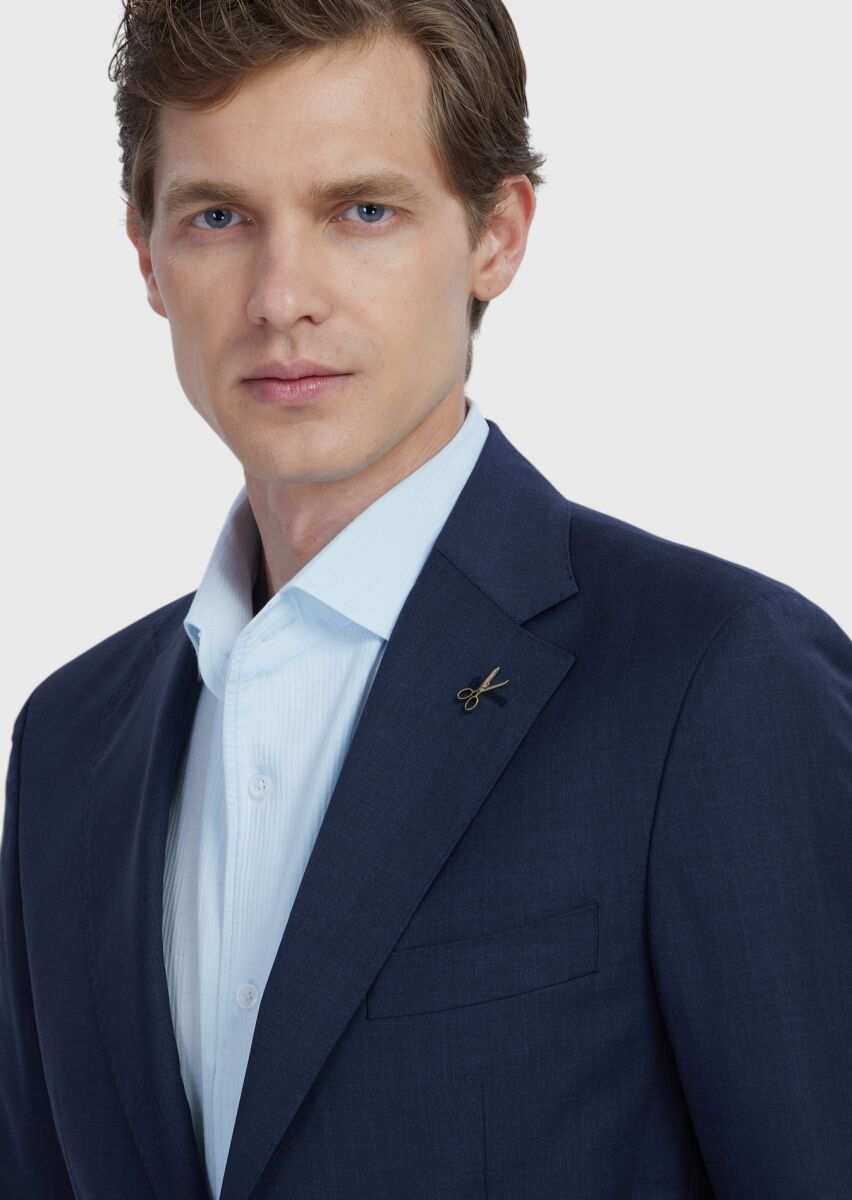 Lacivert Düz Zeroweight Slim Fit %100 Yün Ceket - 3