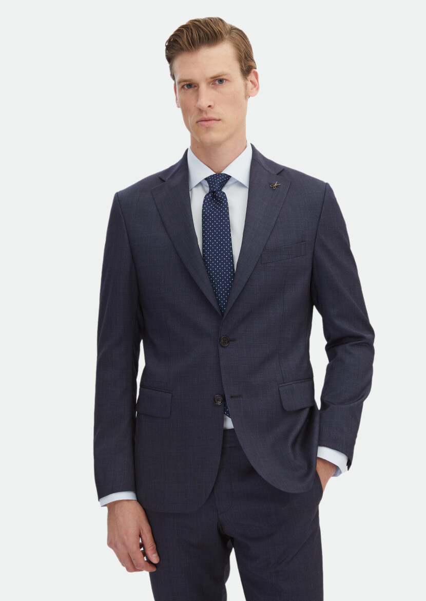 Lacivert Düz Zeroweight Slim Fit İpek Karışımlı Takım Elbise - 1