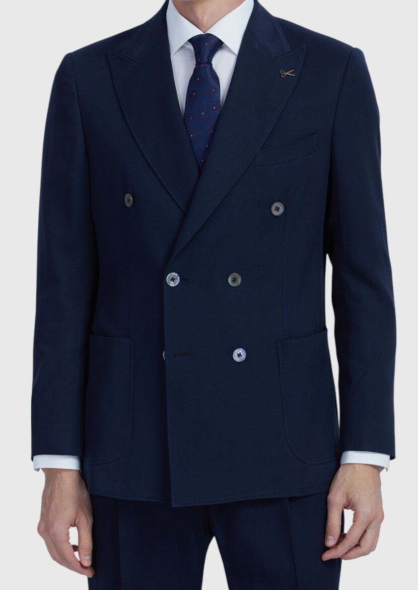 Lacivert Düz Zeroweight Slim Fit Yün Karışımlı Takım Elbise - 5