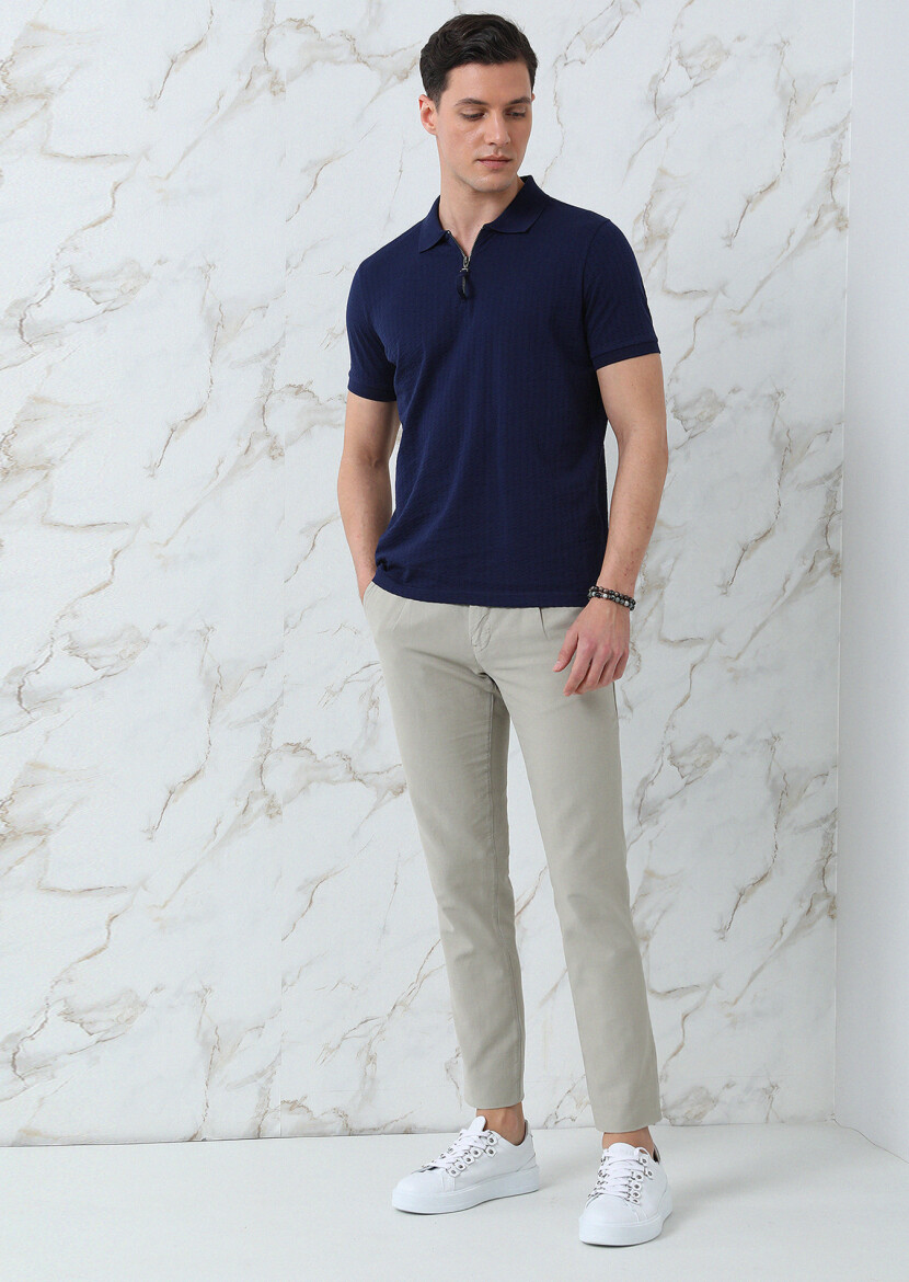Lacivert Jakarlı Polo Yaka %100 Pamuk T-Shirt - 1