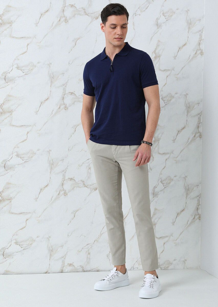 Lacivert Jakarlı Polo Yaka %100 Pamuk T-Shirt - 1