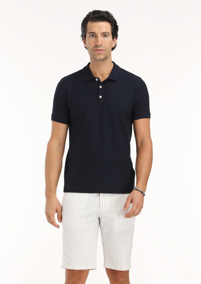 Lacivert Jakarlı Polo Yaka %100 Pamuk T-Shirt 