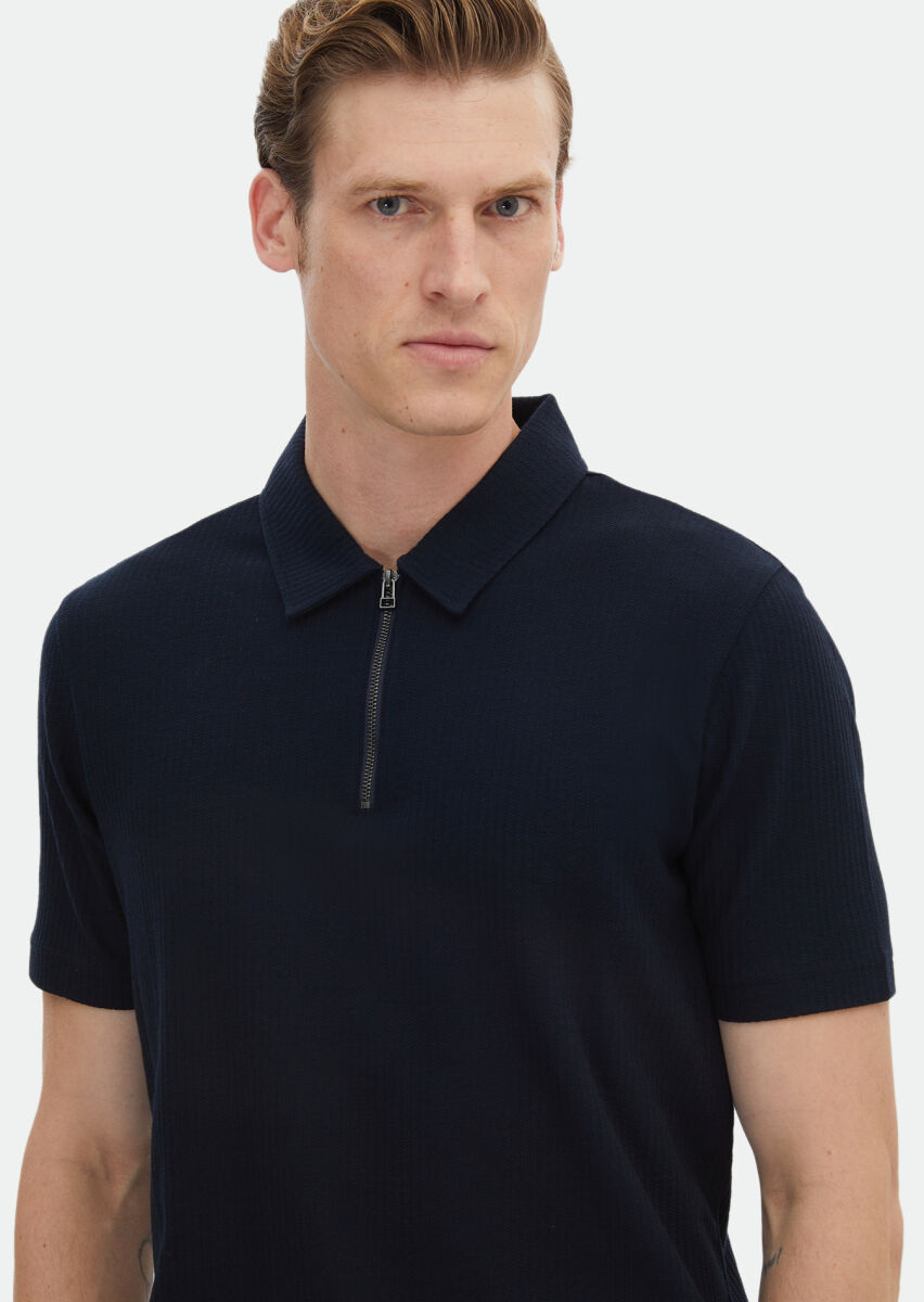 Lacivert Jakarlı Polo Yaka %100 Pamuk T-Shirt - 4